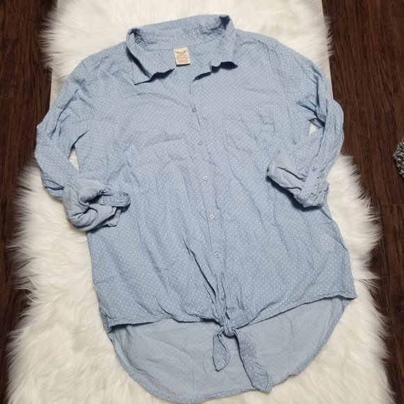 Faded Glory Tops - 2/15$ 🔥 Blue Polka Dot Tie Front Shirt Top